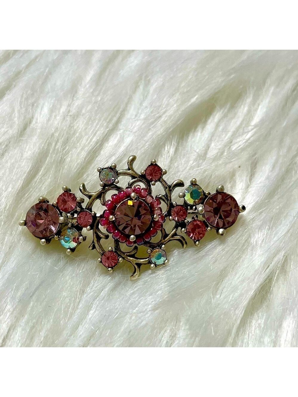Brooch Pin Pink Crystal Rhinestone Silver Tone Vintage Y2K